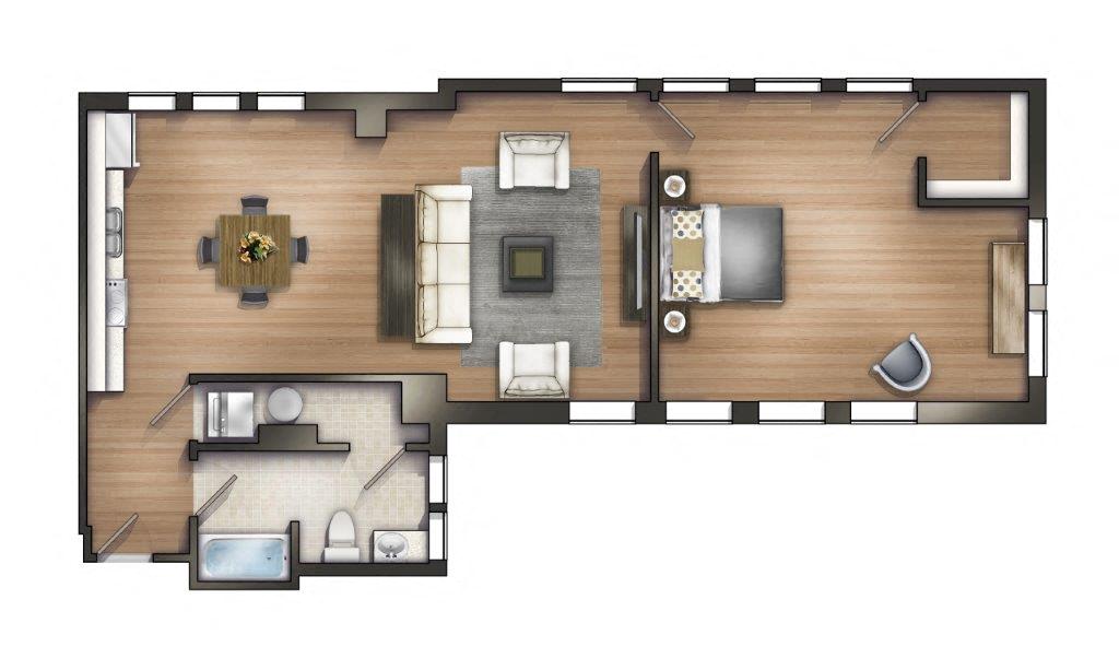 Floor plan for 1 bed, 1 bath, 1198 sqft